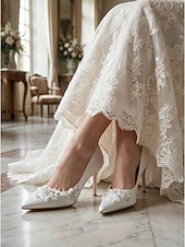 levne Nevěsta-Dámské bílé špičaté boty na vysokém podpatku s květinovou výšivkou - elegantní svatební lodičky pro městské svatby