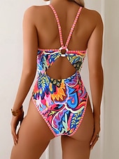 baratos Fatos de Banho 1 Peça-Mulheres Roupa de Banho Uma pedaço Monoquíni roupa de banho Compressão abdominal Cintura Alta Delgado Frente Única Férias Roupa de Praia Floral Gráfico Decote V Sem Manga Fatos de banho