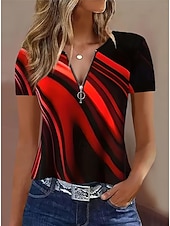 tanie koszulka sztuka i design-Damskie Podkoszulek Kolorowy blok Quarter Zip Graficzny Geometryczny Tropikalny Moda Hawajskie Krótki rękaw Półgolf Zwykłe topy Ślub na plaży Codzienny Sport Żółty Czerwony Lato Wiosna