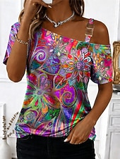 tanie Bluzki Art&amp;Design-Damskie Podkoszulek Koszulka Nadruk Asymetryczny/a Graficzny Abstrakcja Zabytkowe Moda Elegancki Krótki rękaw Na jedno ramię Z odsłoniętymi ramionami Asymetryczna szyja Zwykłe topy Codzienny