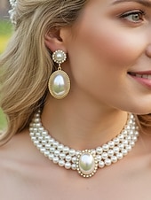 Недорогие Свадьба ACC-Женский комплект из ожерелья и сережек из искусственного жемчуга, винтажное элегантное многослойное колье-чокер с овальным кулоном, классические свадебные украшения для свадьбы, вечерних вечеринок и торжественных мероприятий.