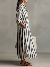 economico Abiti Falsi Essenziali-Per donna Abito lungo maxi Abito Camicia Vestito Casual Abito in finto lino Moda Moderno Quotidiano Vacanza Uscire Vestibilità comoda A righe Manica Lunga Scollo a V Blu Nero Rosa Rosso Primavera