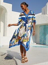 preiswerte Blumenkleider-Ozeanblauer Orchideen-Seidensatin-Kaftan