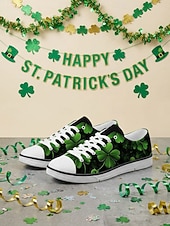 billiga Kvinno skor-Låga sneakers i canvas med grönt klövertryck för dam, St. Patrick's Day - klassiska snörskor för vardagsbruk, irländsk parad, julfest och gatufestival &amp;vardagskläder