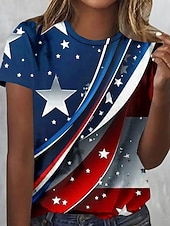  Uavhengighetsdag Patriotisk Dame T-skjorte Trykk Grafikk Flag Motebasert Klassisk Casual Kortermet Crew Neck Rund Hals Regulære Topp Daglig Blå Marineblå Rød  Blå Sommer Vår