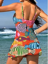 お買い得  タンキニ-女性用 スイムウェア ワンピース スカート 水着 ニット エレガント 旅行度假风 グラフィック 幾何学模様 Ｖネック ノースリーブ 水着