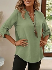 economico Camicie di Lusso-Per donna Camicie di cotone e lino Top estivi Blusa Top Eleganti Arricciato Patchwork Tasca Tinta unica Semplice Elegante Vintage Signore Manica 3/4 Colletto a Camicia Top Regolari Quotidiano Lavoro