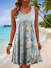 baratos Vestidos Florais-Mulheres Minivestido Vestidos Para o Verão Vestido A Line Vestido de verão Férias Casual Boho Praia Festa Casamento Normal Gráfico Animal Sem Manga Decote U Scoop pescoço Azul Branco Laranja Verde
