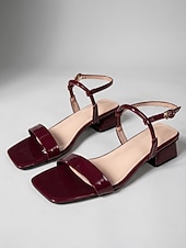 preiswerte Absatzsandalen-Elegante Damen-Sandalen mit Blockabsatz und Knöchelriemen aus burgunderrotem Lackleder – elegante Schuhe mit eckiger Spitze für Abende im Resort und Dinnerpartys.