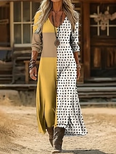 economico Abito Boho Etnico-Per donna Abito lungo maxi Abito Vintage Vestito Casual Vintage Quotidiano All'aperto Vacanza Vestibilità comoda Geometrico A Pois Manica Lunga Scollo a V Giallo Primavera Autunno