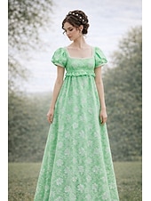 preiswerte Kleid-Retro Vintage Mittelalterlich Renaissance Bodenlang Kleid Ballkleid Kleid im Regency-Stil Puffärmel / Ballon Jacquard Blumen Kostüm Damen Halloween Karneval Abschlussball Hochzeit Maskerade Erwachsene