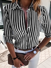 abordables Blusas a rayas y geométricas-Mujer Blusa Botones Estampado A Rayas Elegante Casual Manga Larga Cuello Camisero Tops regulares Diario Azul Piscina Negro Rojo Verano Primavera Otoño