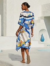 preiswerte Blumenkleider-Ozeanblauer Orchideen-Seidensatin-Kaftan