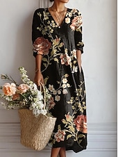 abordables Vestidos florales-Vestido Midi de Mujer de Lino Como Vestido de Verano Vestido Casual Fiesta Vacaciones Corte Suelto Gráfico Floral Manga Larga Cuello en V Negro Rosa Verde Verano Primavera