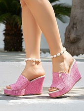 economico Sandali con zeppa-sandali con zeppa da donna in denim azzurro chiaro: eleganti sabot con plateau per resort all'aperto, vacanze estive e relax in hotel