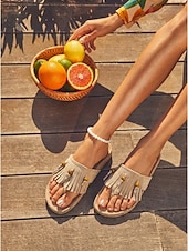 Χαμηλού Κόστους Γυναίκες-Γυναικεία καφέ σανδάλια στρινγκ με κρόσσια και ξύλινες χάντρες – φλατ σανδάλια σε στιλ boho σουέτ για υπαίθρια θέρετρα, διακοπές στην παραλία και τροπικά ταξίδια