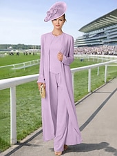 preiswerte Hosenanzüge für Mama-Overall Hosenanzug Dreiteilig Bodenlang Brautmutterkleid Langarm Bateau-Ausschnitt Elegant Übergröße Mit Schal Formell Hochzeitsgast Chiffon Mit Schal mit Perlenstickerei