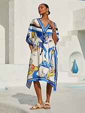 preiswerte Blumenkleider-Ozeanblauer Orchideen-Seidensatin-Kaftan