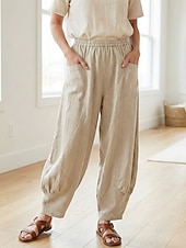 preiswerte Premium-Leinen-Kollektion-Damen-Leinenhose aus 70 % Leinen, weites Bein, Chino-Stil, Sommerhose, Urlaubshose, Streetwear, Basic, lange Länge, mittlere Bundhöhe, schlicht, Tasche, elastischer Bund, bequem, komfortabel, nicht elastisch, für Alltag, Outdoor, Straße, Bordeauxrot, Azur