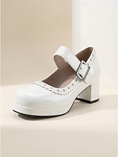 abordables Retro de los años 50-Zapatos Mary Jane vintage de los años 50 para mujer: elegantes tacones de bloque de charol negro sintético con ribete festoneado para fiestas retro y eventos rockabilly. &amp;estilo de mediados de siglo