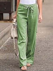 billiga Raka byxor-Dam Brett skaft Långbyxor Casual byxor Semester Mode Streetwear Fullängd Hög midja Slät Snörning Ficka Elastisk midja Komfort Oelastisk Dagligen Semester Gata Svart Vit Marinblå Grön Sommar Vår Höst
