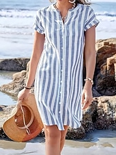 tanie Sukienki-Damskie Sukienka do kolan Sukienki z lnianego materiału Sukienka koszulowa Codzienne sukienki Elegancja Moda Nowoczesny Na zewnątrz Urlop Wyjściowe Regularny Równina Krótki rękaw W serek Niebieski