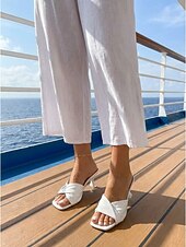 economico Donne-sandali da donna con tacco a gattino bianchi - eleganti sandali con punta quadrata e cinturino intrecciato per crociere di lusso, viaggi nautici &amp;abbigliamento da resort estivo