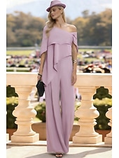 cheap Mom's Jumpsuits-Jumpsuits Floor Length Mother of the Bride Dress Short Sleeve Off Shoulder Elegant Formal Wedding Guest Wedding Party Chiffon with Ruffles