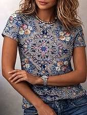 economico T-shirt Boho-Per donna Maglietta Stampato Floreale Grafico Paisley Bohemien Vintage Elegante Manica Corta Girocollo Scollo a V Top lunghi Quotidiano Uscire Weekend Blu Nero Verde chiaro Viola Verde Estate