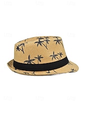abordables Accesorios de vacaciones-Sombrero fedora de paja para hombre con estampado de palmeras, ligero y transpirable, tejido para verano, disponible en varios colores, estilo informal de resort para vacaciones en la playa en primavera y uso diario.