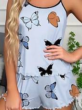 voordelige Slaaptops en -broeken voor dames-Dames Pyjamaset Casual Comfortabel Vlinder Elastische taille Korte broek Dagelijks Huis Mouwloos Strakke ronde hals blauw Blozend Roze Beige Zomer Lente Normale pasvorm