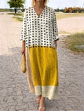 economico Abiti da vacanza-Abito Midi da Donna V Collo Maniche Lunghe Kaftan Leggero Comodo A Line Abito Casual Boho Uscita Grafica Geometrica Strisce Maniche Lunghe V Collo Arancione Rosso Nero Giallo Rosa