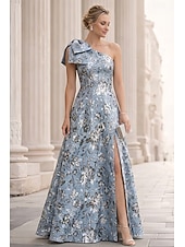economico Abiti da Sera a Linea A-Linea ad A Lunghezza al pavimento Abito da Sera Elegante Senza Maniche Monospalla Matrimonio Formale Tasca Jacquard Shiena scoperta con Fiocco/Fiocchi Pieghe Spacco