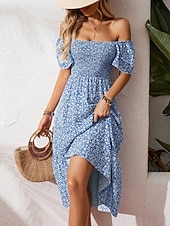 Χαμηλού Κόστους Floral φορέματα-Γυναικεία Μίντι φόρεμα Φόρεμα σε γραμμή Α Καθημερινό ΕΞΩΤΕΡΙΚΟΥ ΧΩΡΟΥ Εξόδου Τυπική εφαρμογή Φλοράλ Κοντομάνικο Τετράγωνη Λαιμόκοψη Θαλασσί Μαύρο Ρουμπίνι Βυσσινί Καλοκαίρι Άνοιξη