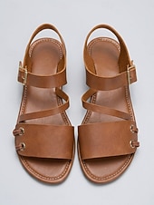 preiswerte Flache Sandalen-Leichte Damen-Sommersandalen – klassische braune flache Sandalen mit Knöchelriemen für Damen, perfekt für Strandbesuche und Alltagsoutfits.