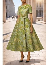  A-lijn Over de knie Cocktailjurken Elegant Bloemig Korte mouw Strakke ronde hals Tuinfeest Bruiloft Zak Jacquard Rugleuning met Bloemenprint Geborduurde bloem Plooien