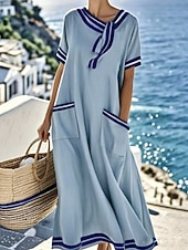 abordables Robes Rayés et Géométriques-Femmes Robe maxi Robe Décontractée Robe évasée Élégant Mode Moderne Extérieur Vacances Sortir Coupe Ample Rayé Manche Courte Col à lacets Blanche bleu marine Été Printemps