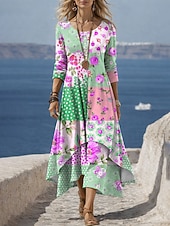 cheap Floral Dress-Women's Midi Dress Shift Dress Casual Daily Holiday Regular Fit Floral Graphic Long Sleeve Crew Neck Blue Pink Green Summer Spring