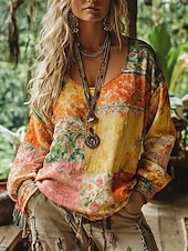tanie Boho topy-Damskie Koszulka w stylu boho Podkoszulek Koszulka Nadruk Kwiaty Zabytkowe Etniczne Codzienny Długi rękaw W serek Zwykłe topy Codzienny Weekend Ubrania wakacyjne Pomarańczowy Lato Wiosna Jesień