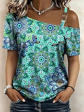 cheap Boho tee-Women's T Shirt Tee Top Print Asymmetrical Graphic Geometric Abstract Vintage Fashion Stylish Short Sleeve One Shoulder Off Shoulder Asymmetric Neck Regular Tops Daily Going out Weekend Orange Green