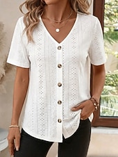 economico Top in Pizzo-Per donna Camicia traforata Top traforato Bottoni Quotidiano Manica Corta Scollo a V Top Regolari Casuale Quotidiano Spiaggia Verde salvia Nero Bianco Rosa Azzurro cielo Estate