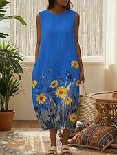 economico Abiti floreali-Per donna Abito Midi Finto cotone e lino Vestito Casual Vestito Estivo Abito a Tubino Vintage Quotidiano All'aperto Vacanza Vestibilità regolare Floreale Girasole Senza Maniche Girocollo Blu Giallo