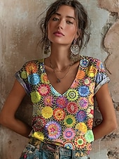  Per donna Maglietta Stampato Floreale Graffiti Bohemien Vintage Casual Manica Corta Scollo a V Top Regolari Quotidiano Arcobaleno Estate Primavera