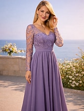 tanie Długość podłogi-Krój A Sięgająca podłoża Sukienka dla gościa weselnego Suknia Suknia wieczorowa Sukienka dla matki panny młodej Długi rękaw W serek Elegancja Studniówka Wieczorna impreza Ślub Szyfon z Plisy