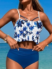 levne Sady bikin-Dámské Plavky Bikiny 2 ks Vysoký pas Plavky Vysoký pas Štíhlý Volná záda prázdniny Oblečení na pláž Tropický vzhled Do V Bez rukávů Plavky