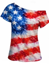  250º Aniversario de EE. UU. Retro Antiguo Años 80 T-Shirt Un Hombro Mangas cortas Bandera de USA Disfraz Mujer 4 de julio Día de la Independencia Adulto Camiseta