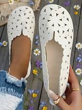 abordables Ballerines femme-Chaussures blanches ajourées pour femmes, à enfiler - design respirant découpé au laser, chaussures décontractées et confortables pour un usage quotidien, la marche, les voyages, le jardinage et les sorties estivales.