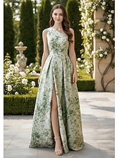 cheap A-Line Evening Dresses-A-Line Floor Length Evening Gown Elegant Daily Sleeveless V Neck Wedding Formal Satin with Pleats Slit Print