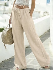 baratos Partes inferiores-Calça feminina de verão 100% algodão, casual, comprimento total, cós elástico natural, design com cordão elástico, sem elástico, nas cores branco leitoso, carmim e verde escuro, para primavera e outono.