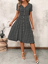 economico Abiti floreali-Per donna Abito Midi Abito a trapezio Vacanza Casual All'aperto Uscire Vestibilità regolare A Pois Manica Corta Scollo a V blu navy Nero Rosso Verde Estate Primavera